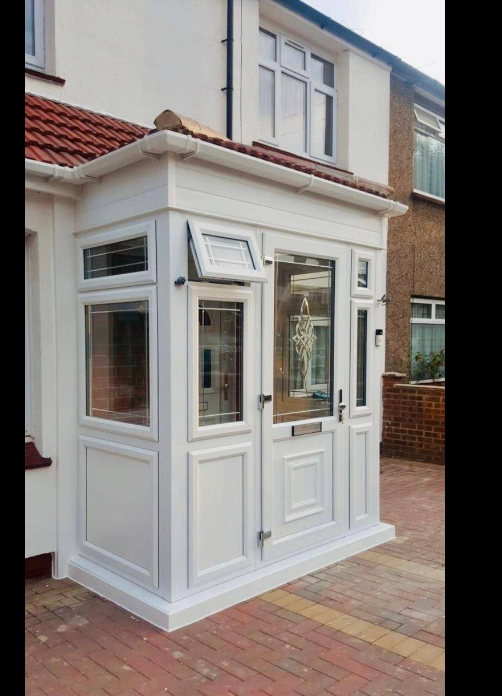 Bespoke front porch with leaded glass door