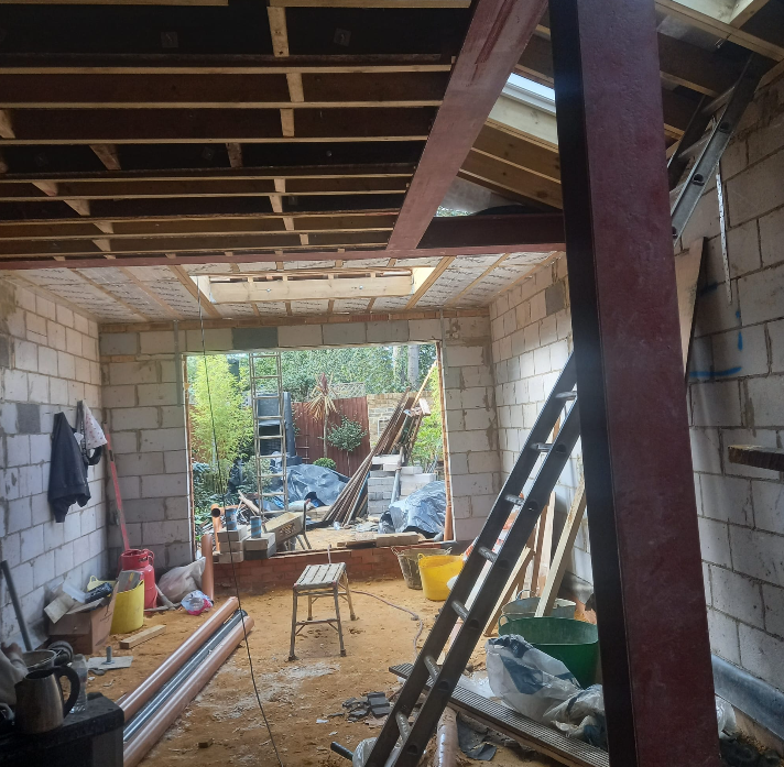 Inside the new extension shell with steels and joists